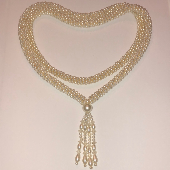 Vintage Off White Faux Pearl Retro Boho Tassel Pendant Necklace - Picture 1 of 5